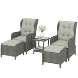 5 Piece Rattan Reclining Chair Set with Footstool and Glass Table, Cream White