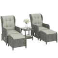 5 Piece Rattan Reclining Chair Set with Footstool and Glass Table, Cream White