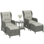 5 Piece Rattan Reclining Chair Set with Footstool and Glass Table, Cream White