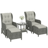 5 Piece Rattan Reclining Chair Set with Footstool and Glass Table, Cream White