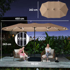 4.5 m Double-Sided Garden Parasol with LED Lights, Base & Sandbags, Khaki