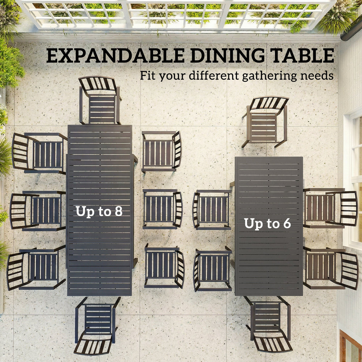 150/225 x 85 x 75 cm Extending Garden Table for 6-8, Dark Grey