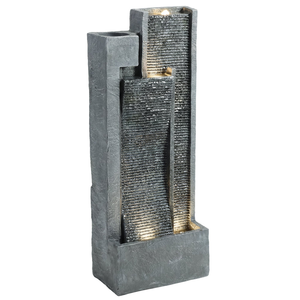 3-Tier Water Feature with LED Lights, Planter and Pump, Dark Grey