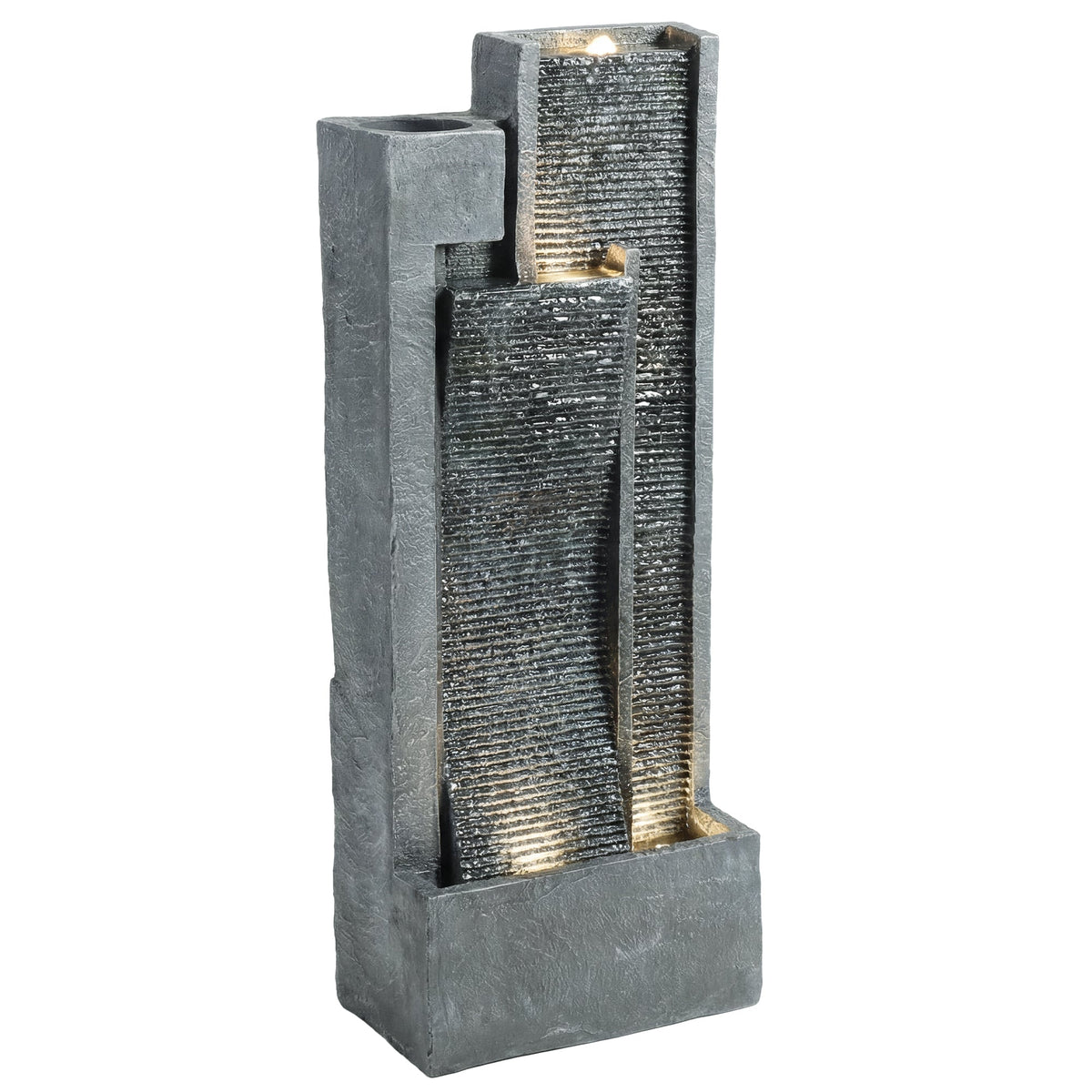 3-Tier Water Feature with LED Lights, Planter and Pump, Dark Grey