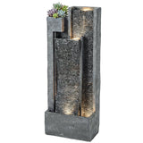 3-Tier Water Feature with LED Lights, Planter and Pump, Dark Grey