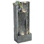 3-Tier Water Feature with LED Lights, Planter and Pump, Dark Grey