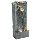 3-Tier Water Feature with LED Lights, Planter and Pump, Dark Grey
