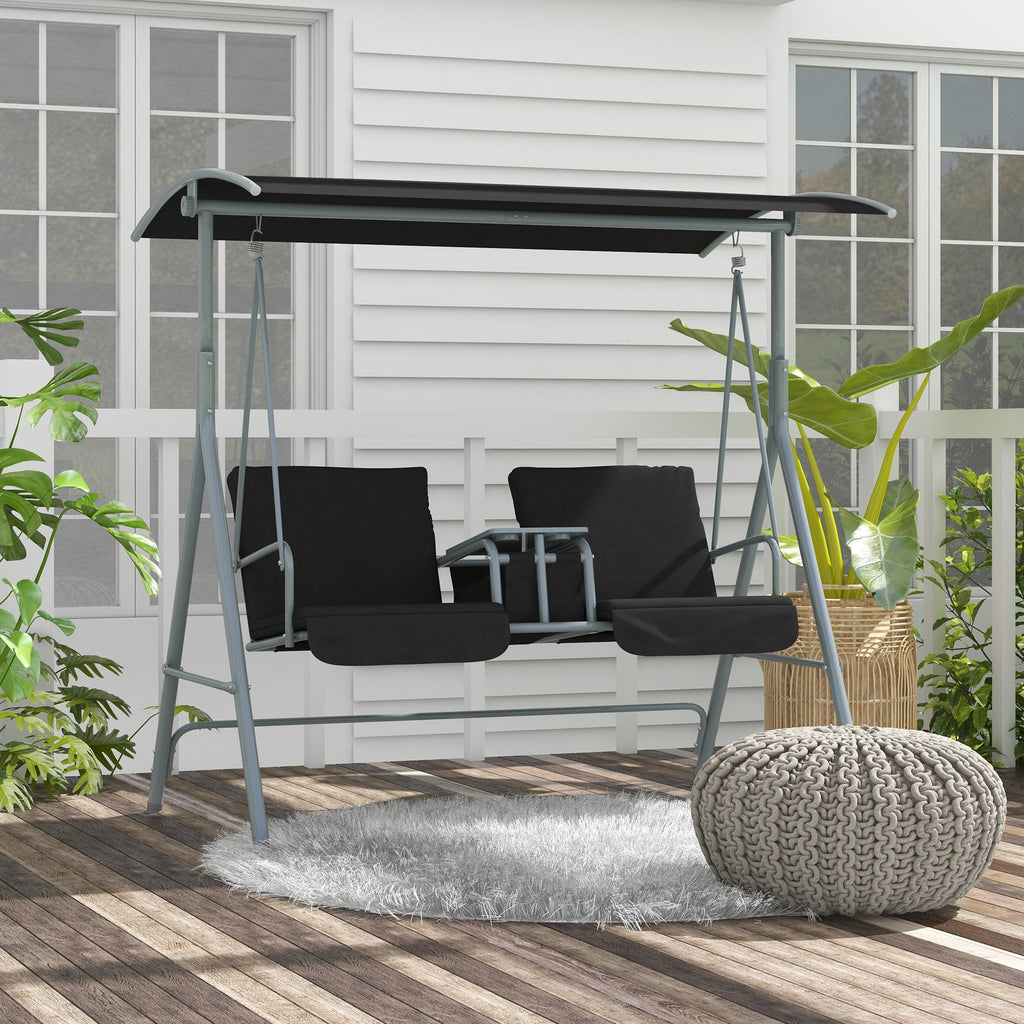 2 Person Porch Swing with Adjustable Canopy, Table and Storage Bag, Black
