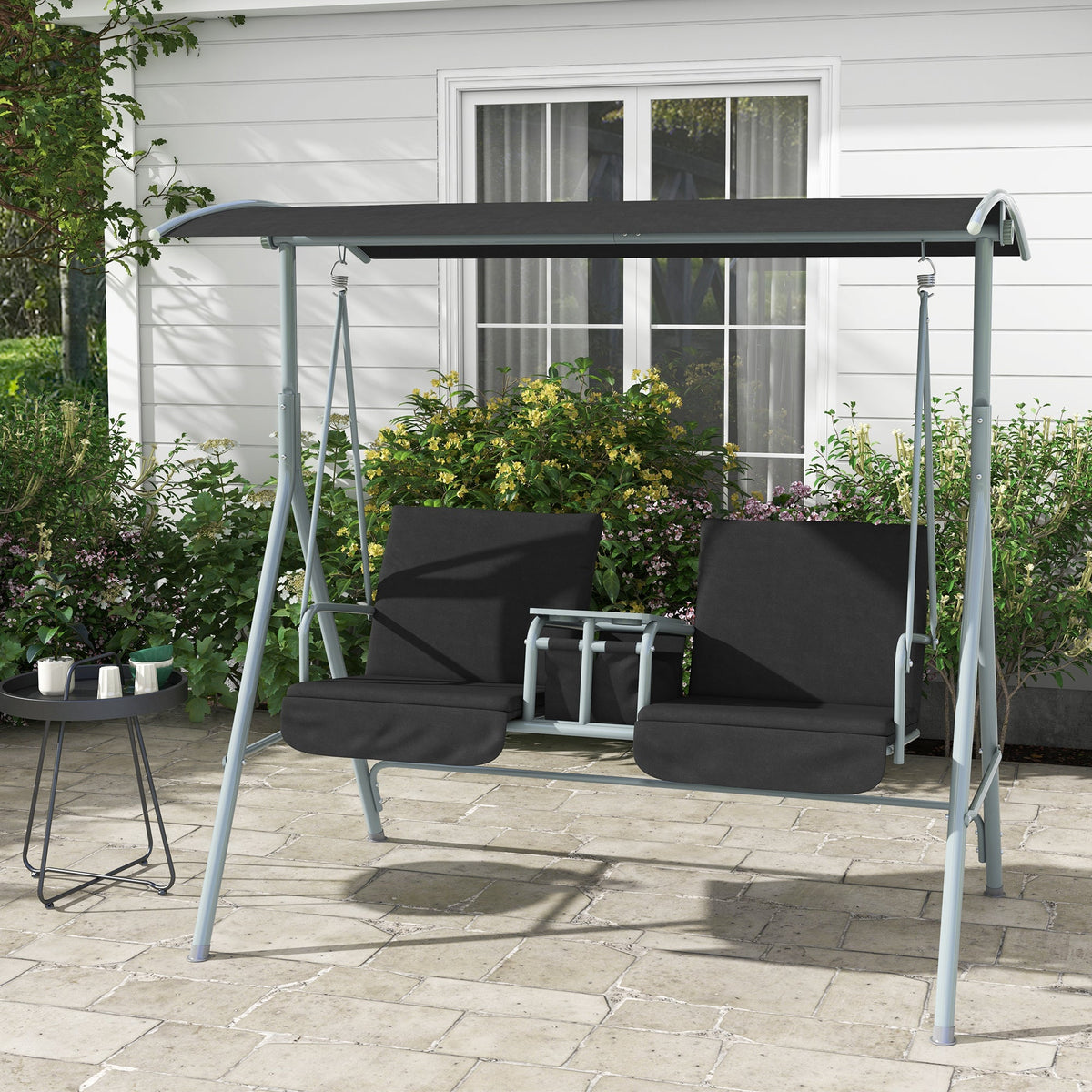 2 Person Porch Swing with Adjustable Canopy, Table and Storage Bag, Black