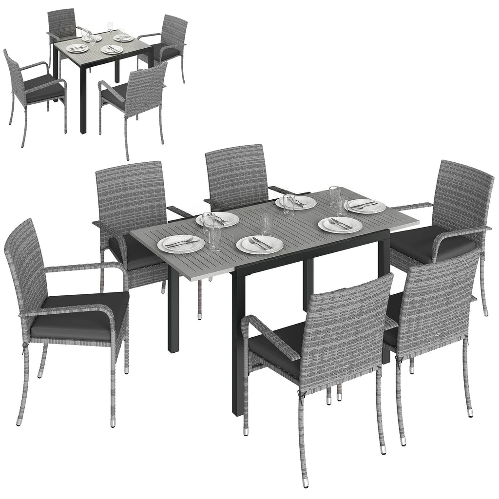 7-Piece Rattan Dining Set with Extendable Acacia Table and 6 Cushioned Chairs