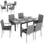 7-Piece Rattan Dining Set with Extendable Acacia Table and 6 Cushioned Chairs