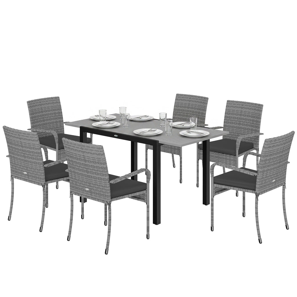 7-Piece Rattan Dining Set with Extendable Acacia Table and 6 Cushioned Chairs