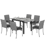 7-Piece Rattan Dining Set with Extendable Acacia Table and 6 Cushioned Chairs