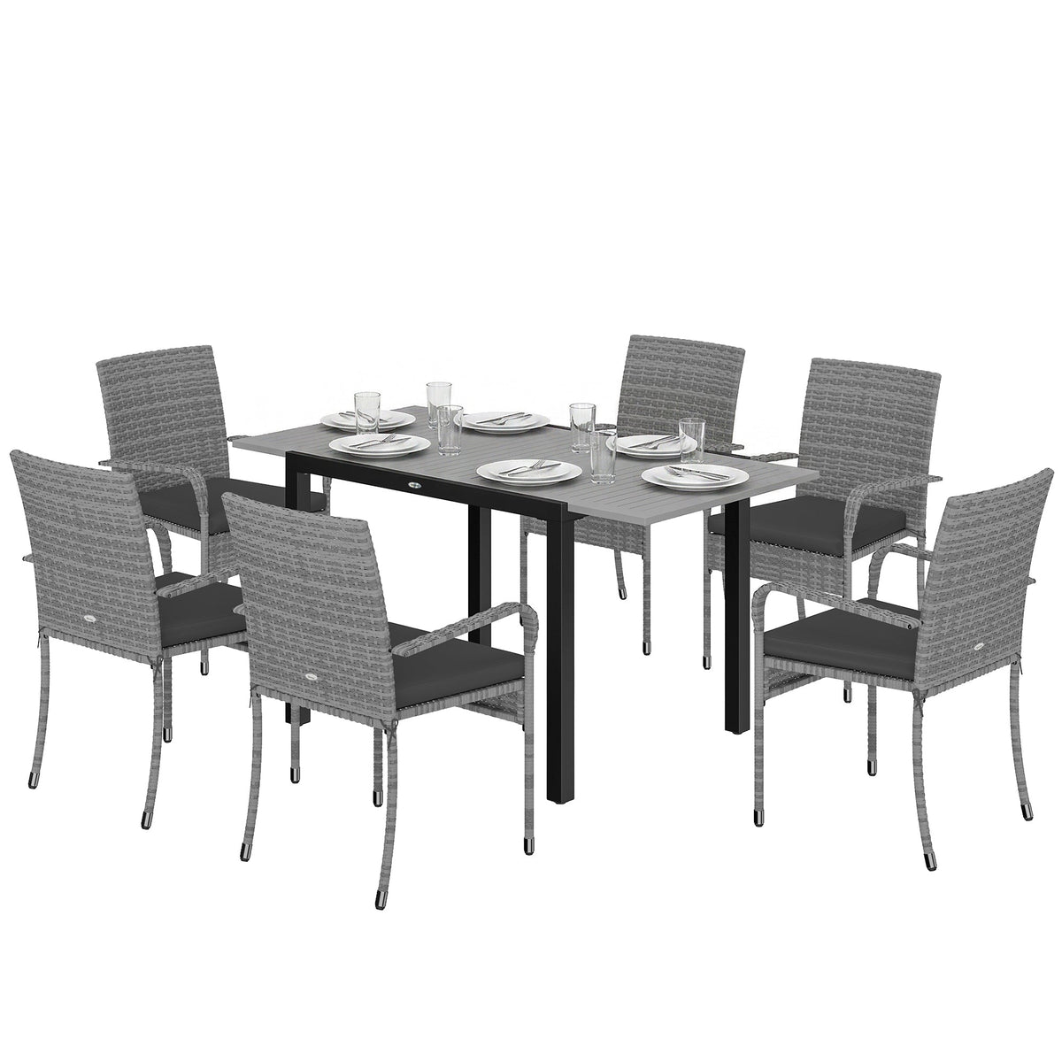 7-Piece Rattan Dining Set with Extendable Acacia Table and 6 Cushioned Chairs