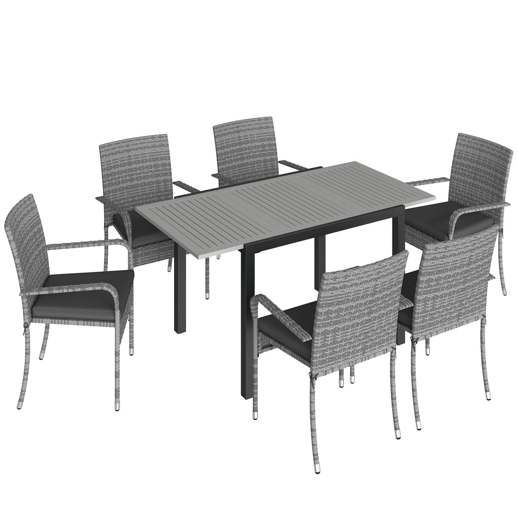 7-Piece Rattan Dining Set with Extendable Acacia Table and 6 Cushioned Chairs
