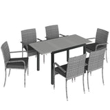 7-Piece Rattan Dining Set with Extendable Acacia Table and 6 Cushioned Chairs
