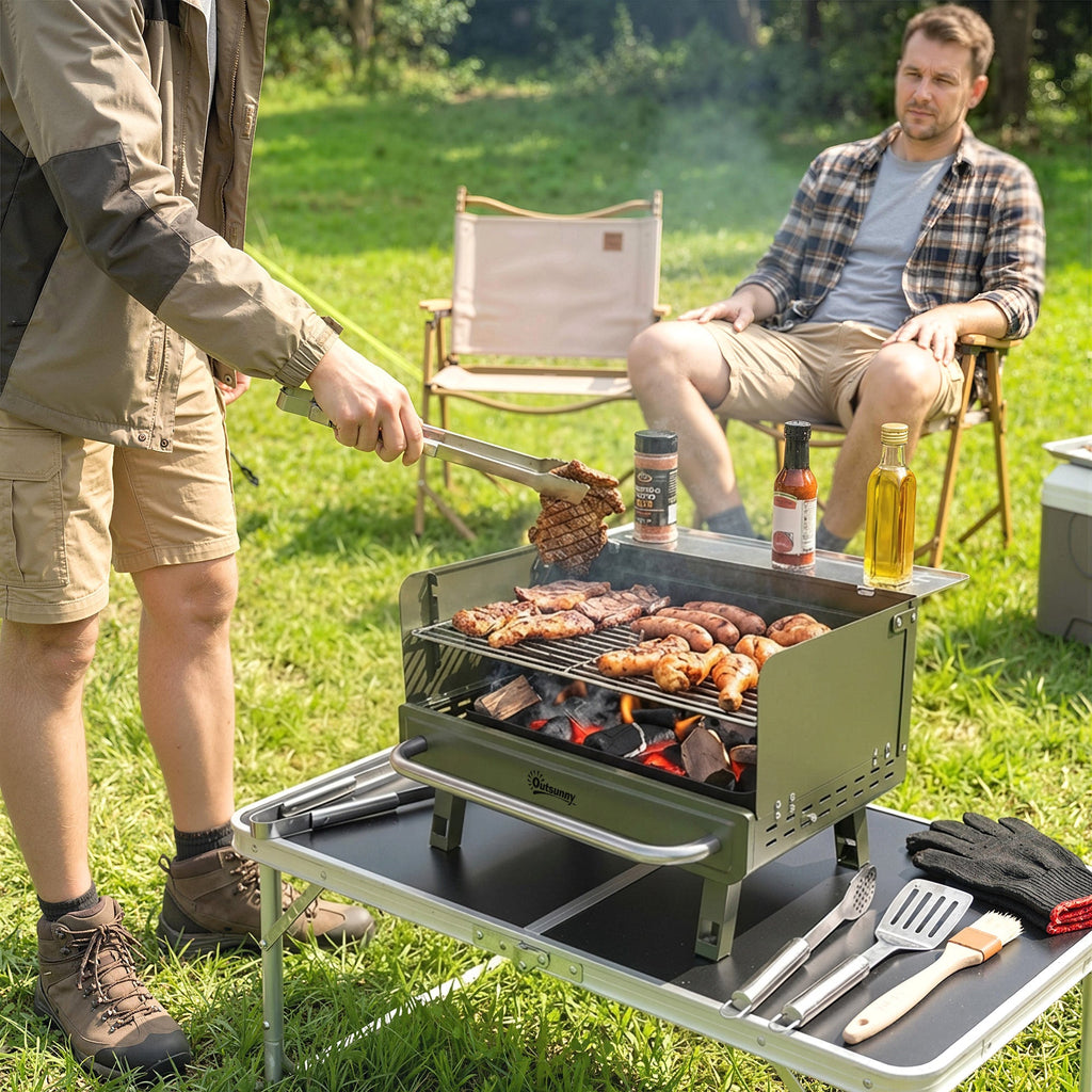 Portable Charcoal BBQ Grill with Adjustable Grates and Side Shelf, Green