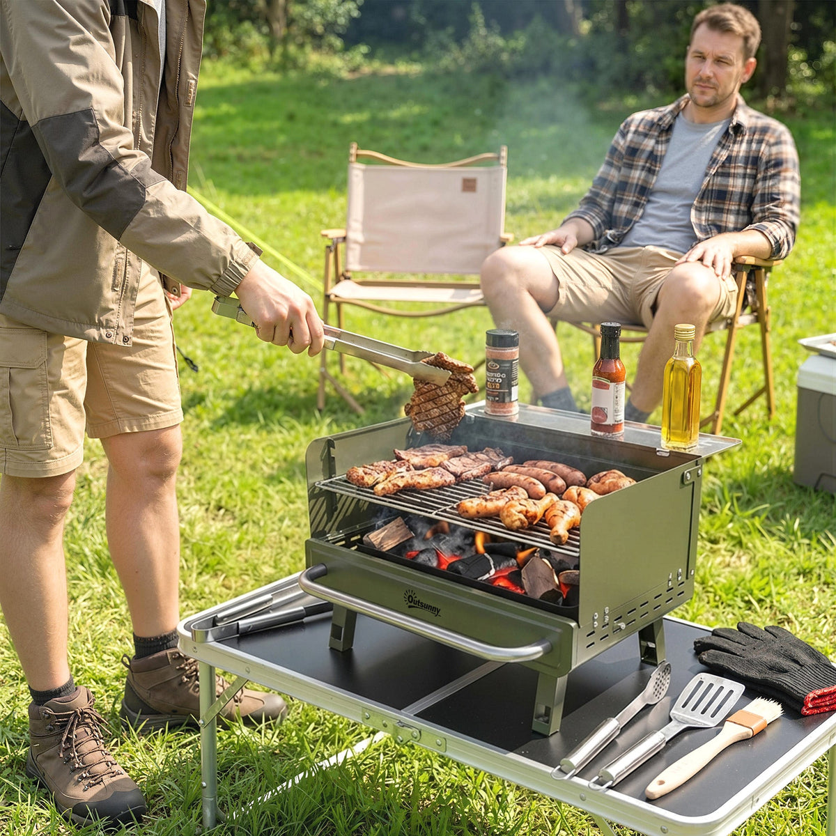 Portable Charcoal BBQ Grill with Adjustable Grates and Side Shelf, Green