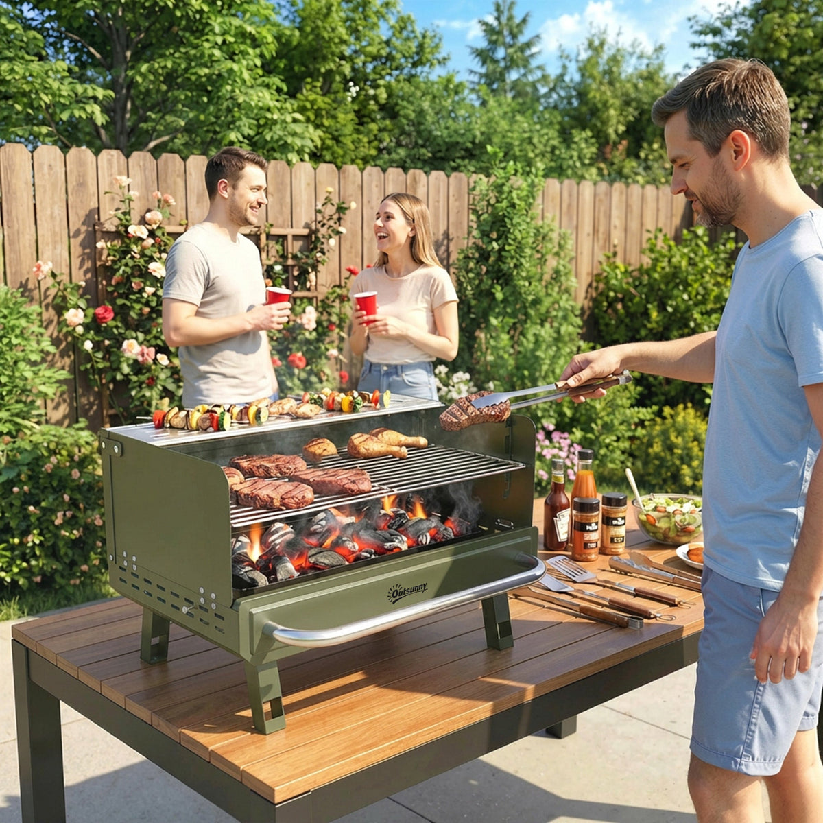 Portable Charcoal BBQ Grill with Adjustable Grates and Side Shelf, Green