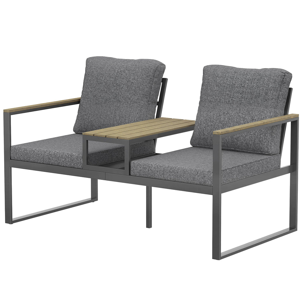 2-Seat Outdoor Garden Bench with Center Table and Thick Cushions, Light Grey