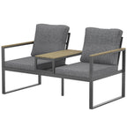 2-Seat Outdoor Garden Bench with Center Table and Thick Cushions, Light Grey