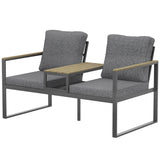 2-Seat Outdoor Garden Bench with Center Table and Thick Cushions, Light Grey