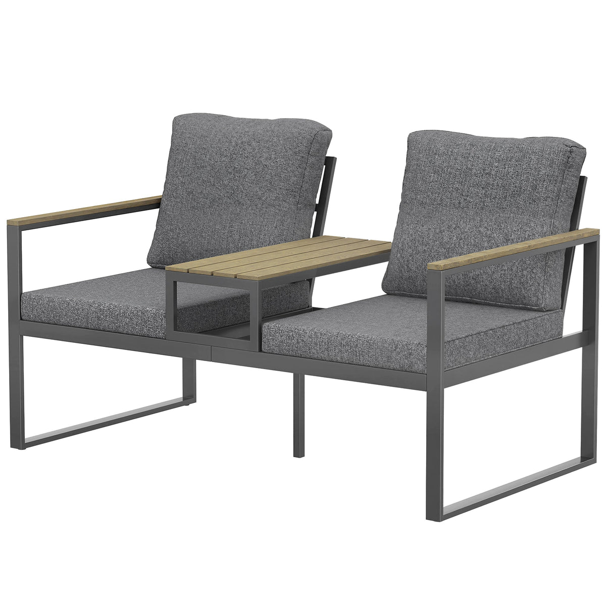 2-Seat Outdoor Garden Bench with Center Table and Thick Cushions, Light Grey