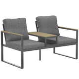 2-Seat Outdoor Garden Bench with Center Table and Thick Cushions, Light Grey