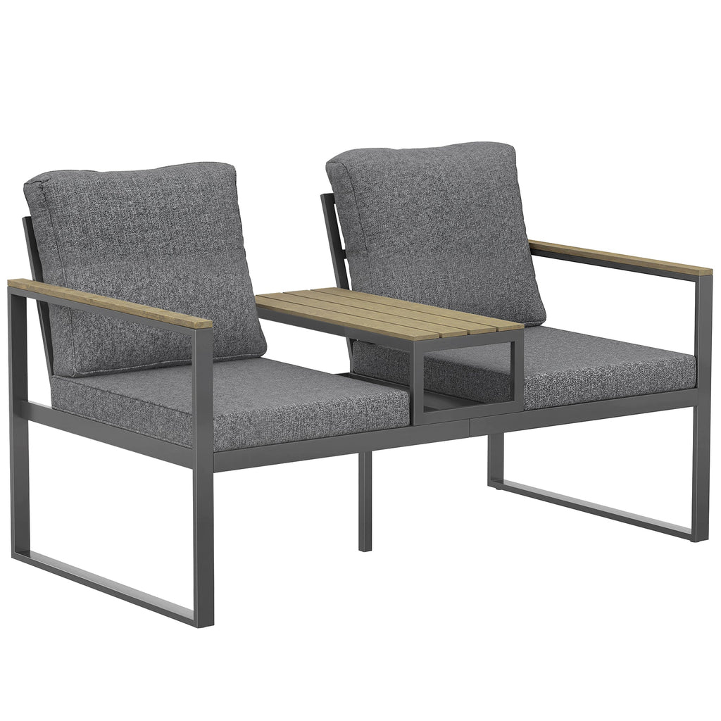 2-Seat Outdoor Garden Bench with Center Table and Thick Cushions, Light Grey