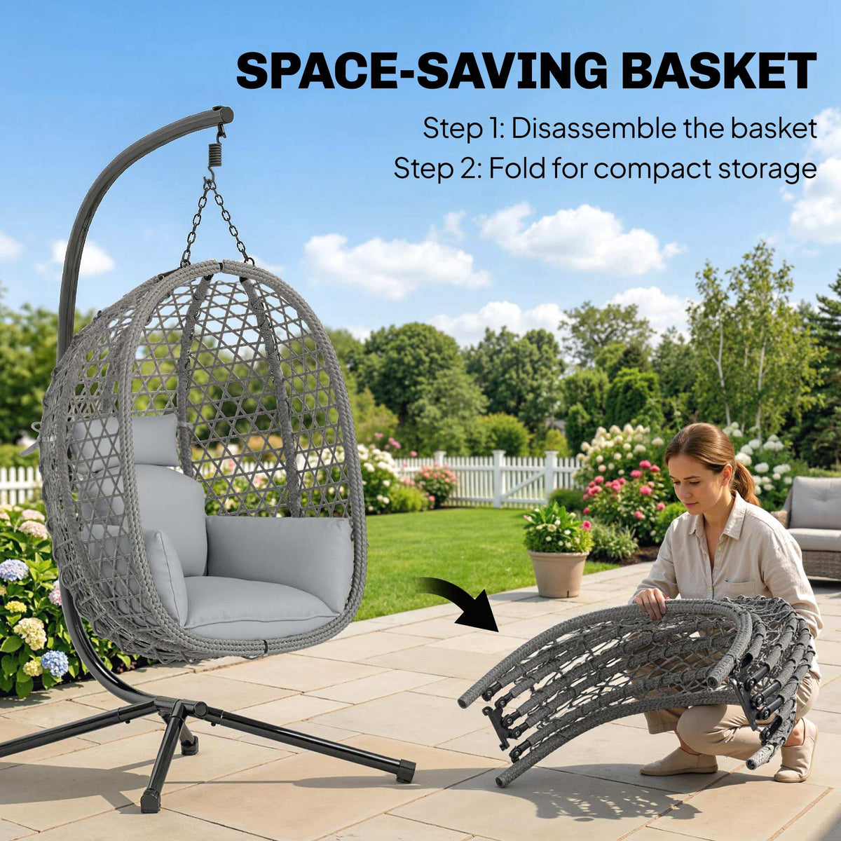 Hanging Egg Chair, Rattan with Stand, Safety Strap & Foldable Basket, Dark Grey
