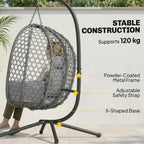 Hanging Egg Chair, Rattan with Stand, Safety Strap & Foldable Basket, Dark Grey