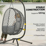 Hanging Egg Chair, Rattan with Stand, Safety Strap & Foldable Basket, Dark Grey