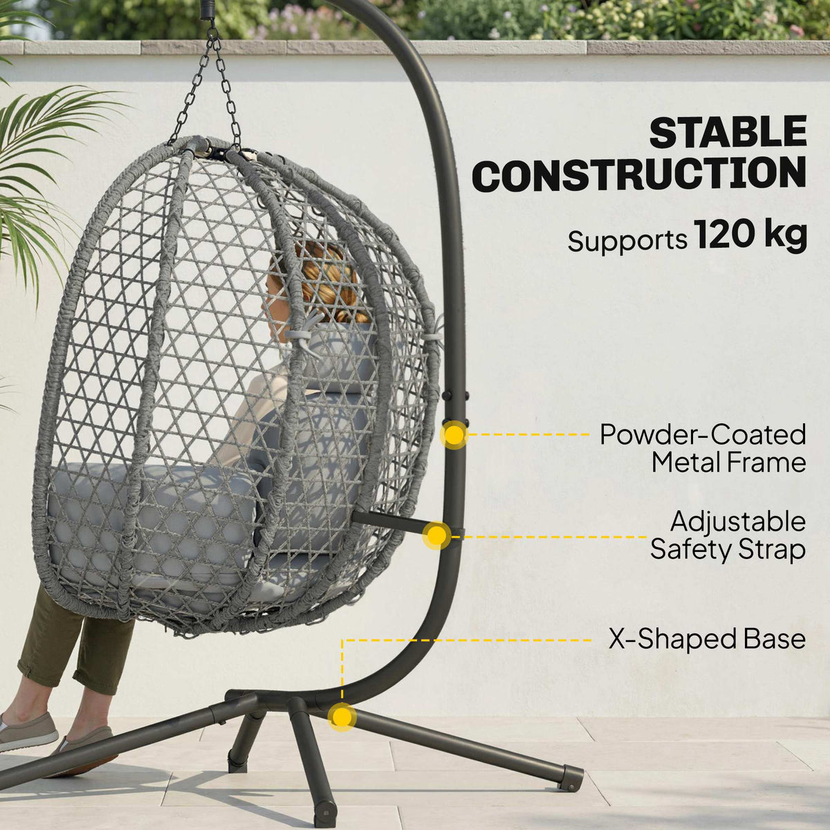 Hanging Egg Chair, Rattan with Stand, Safety Strap & Foldable Basket, Dark Grey