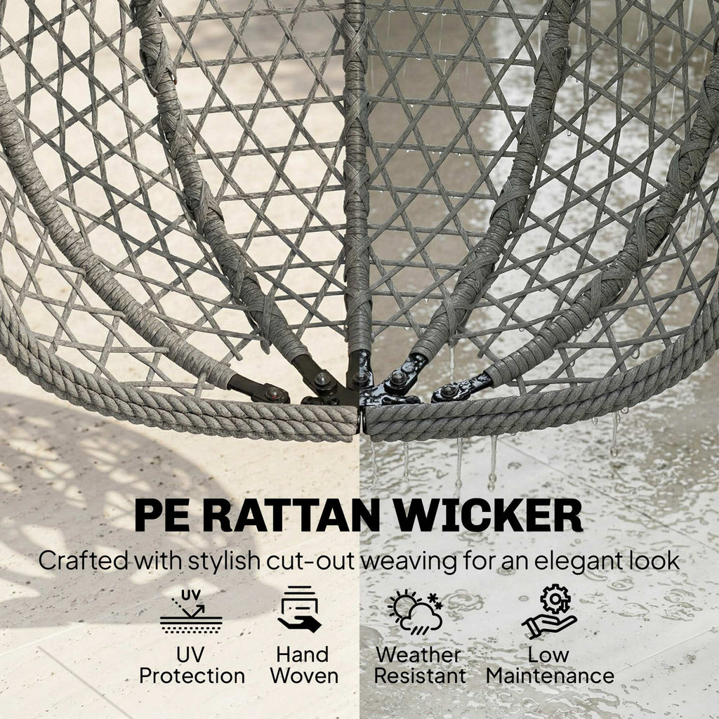 Hanging Egg Chair, Rattan with Stand, Safety Strap & Foldable Basket, Dark Grey