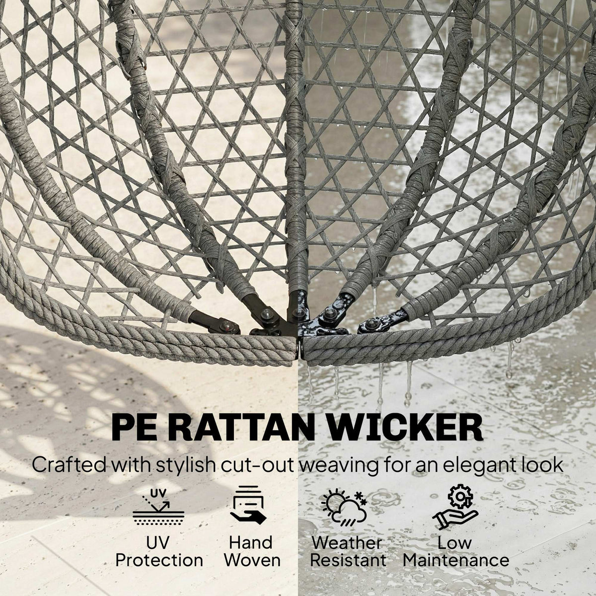 Hanging Egg Chair, Rattan with Stand, Safety Strap & Foldable Basket, Dark Grey