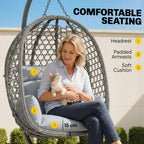 Hanging Egg Chair, Rattan with Stand, Safety Strap & Foldable Basket, Dark Grey