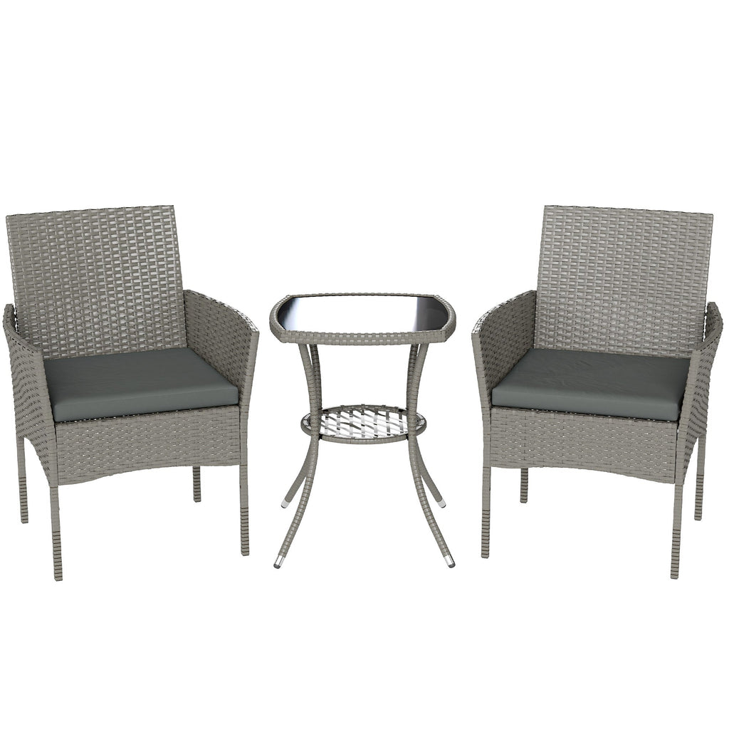 3-Piece PE Rattan Bistro Set with Glass-Top Table & Cushions, Dark Grey