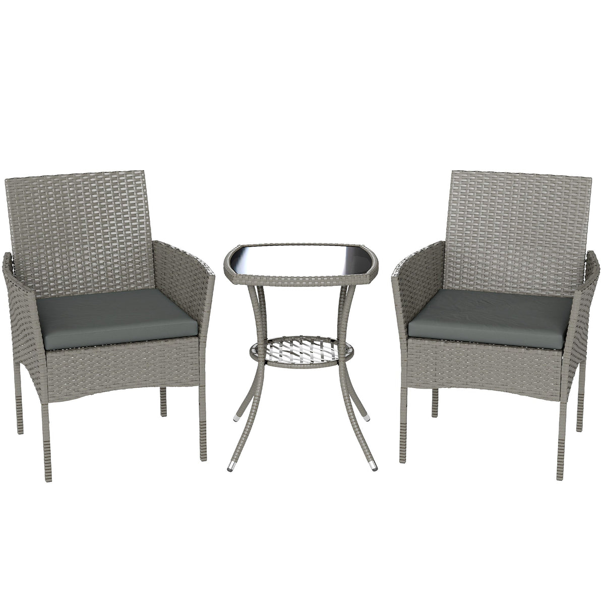 3-Piece PE Rattan Bistro Set with Glass-Top Table & Cushions, Dark Grey