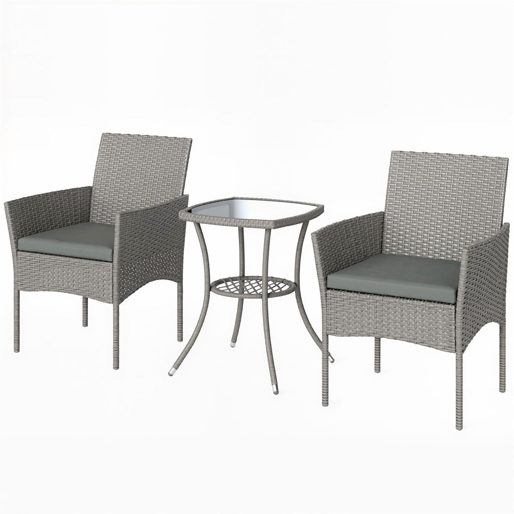 3-Piece PE Rattan Bistro Set with Glass-Top Table & Cushions, Dark Grey