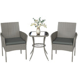 3-Piece PE Rattan Bistro Set with Glass-Top Table & Cushions, Dark Grey