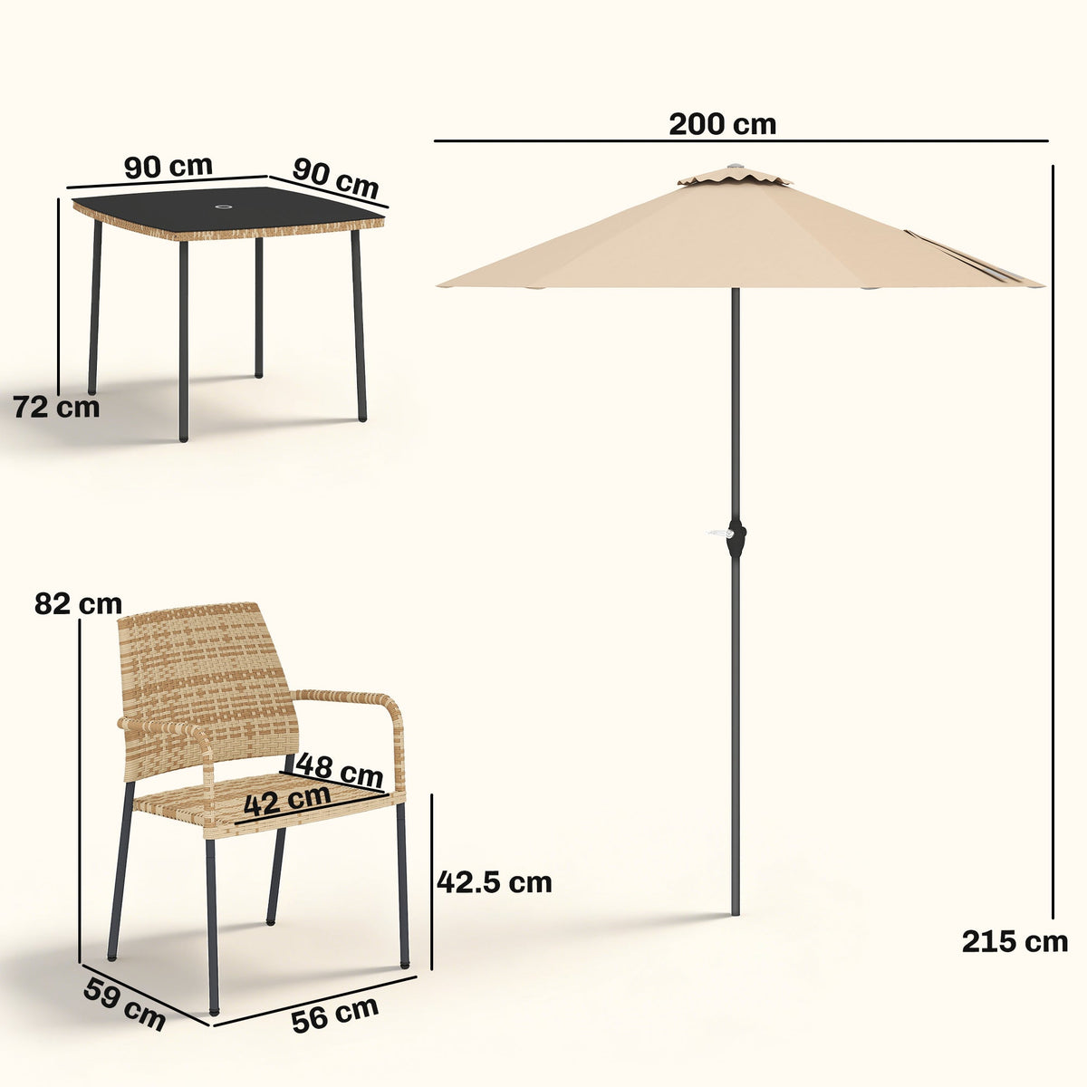 4-Seater Light Brown Rattan Dining Set with Parasol, Glass Top & Stacking Chairs