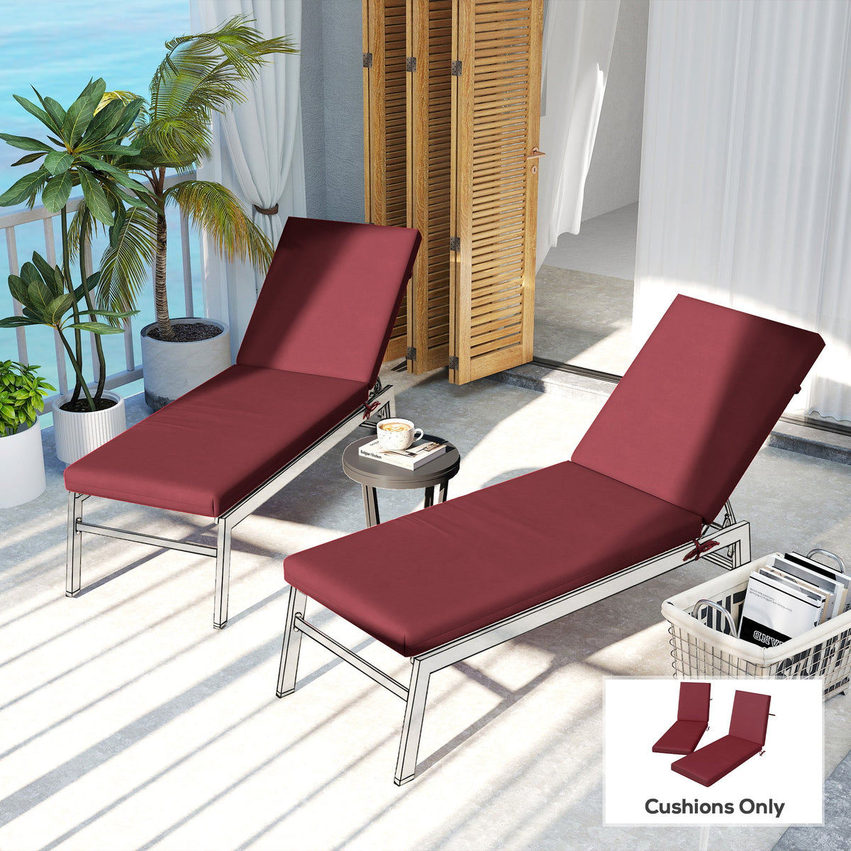 2pc Patio Chair Cushion Set with Ties for Indoor or Outdoor, Wine Red