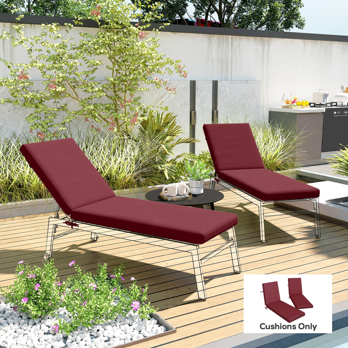 2pc Patio Chair Cushion Set with Ties for Indoor or Outdoor, Wine Red