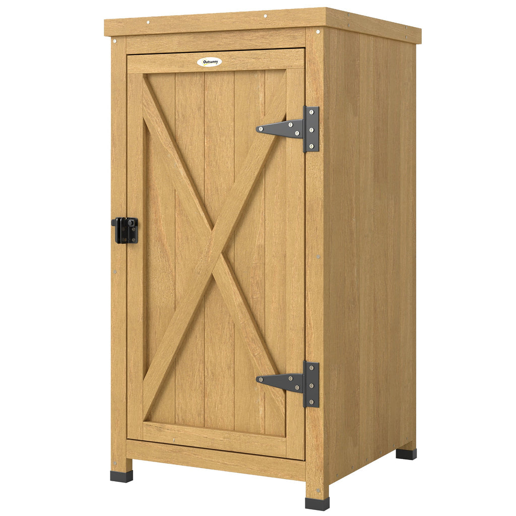Wooden Garden Shed with Galvanised Top, Shelf and Door, Light Brown