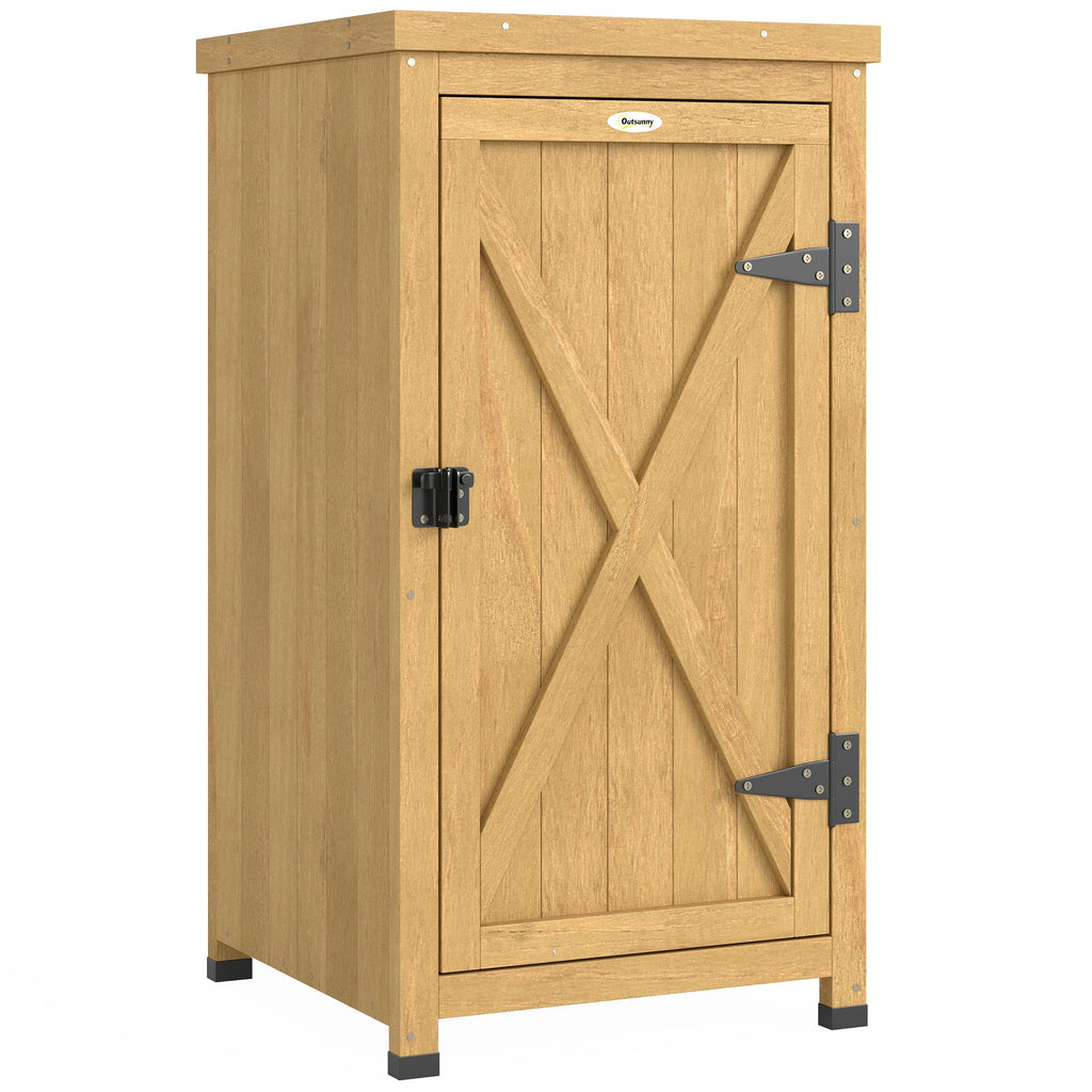 Wooden Garden Shed with Galvanised Top, Shelf and Door, Light Brown