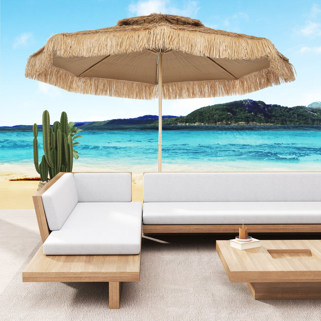 10FT Hula Thatched Tiki Patio Umbrella with 2-Tier Canopy, Natural
