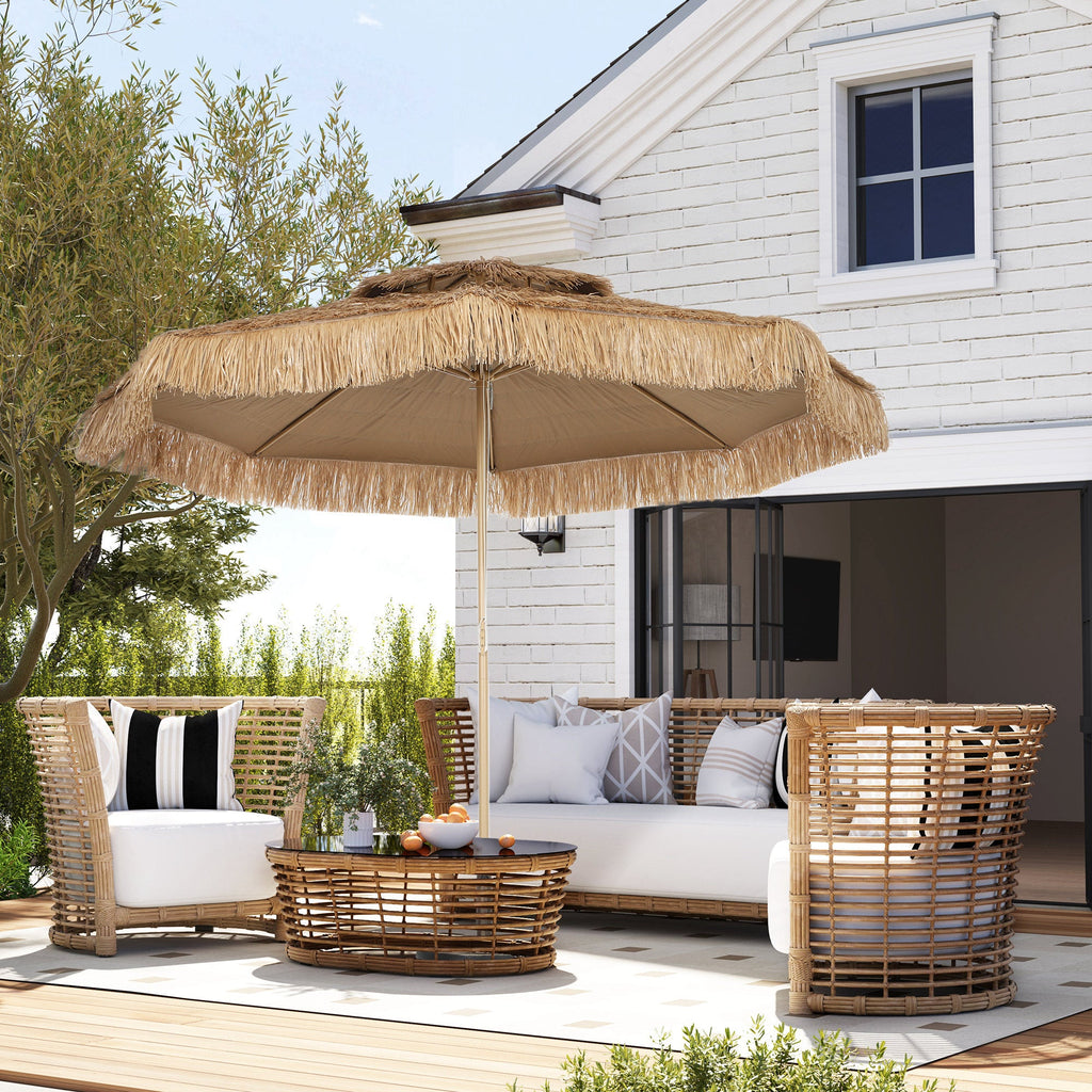 10FT Hula Thatched Tiki Patio Umbrella with 2-Tier Canopy, Natural