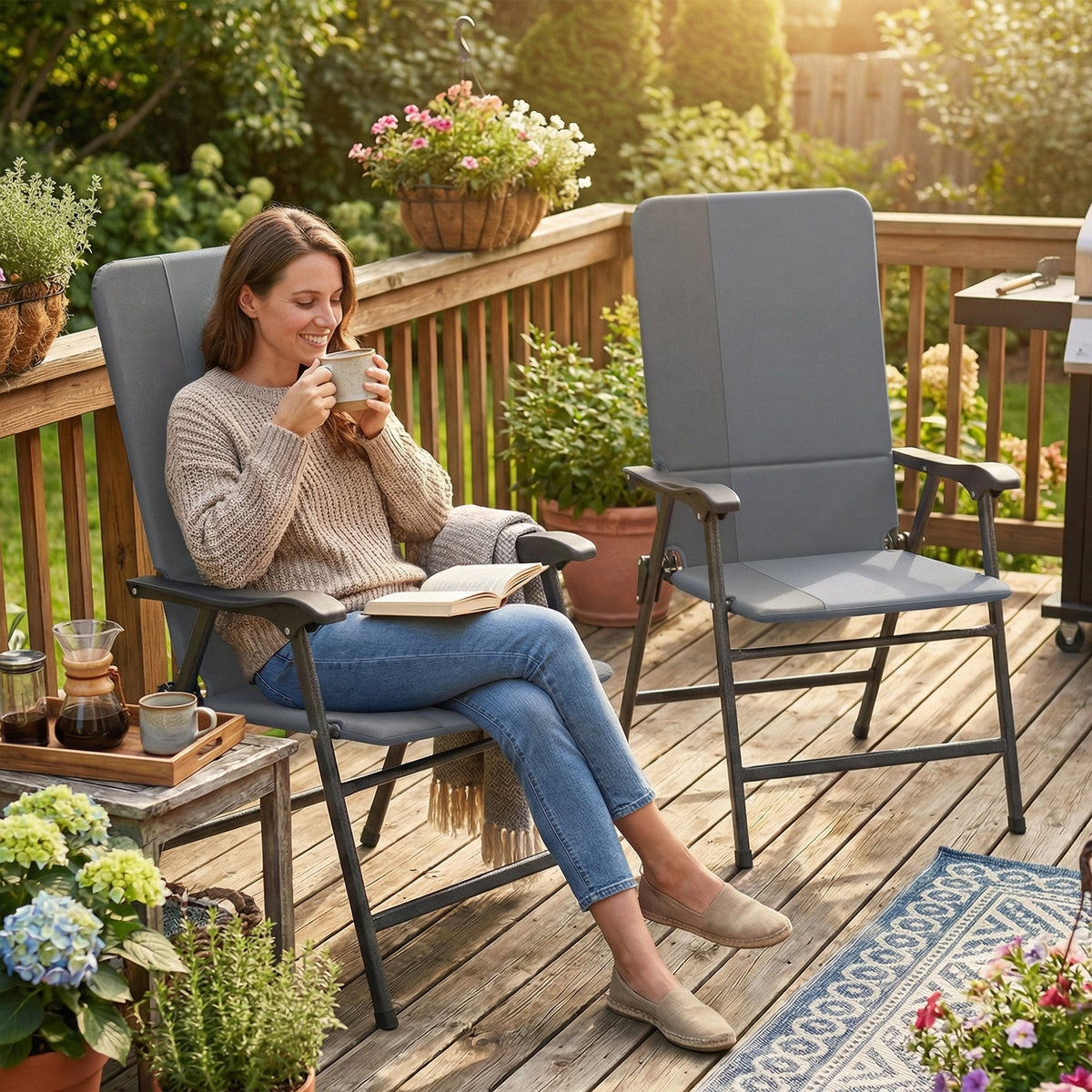 2 Piece Folding Patio Chairs with High Back and Armrests, Light Gray