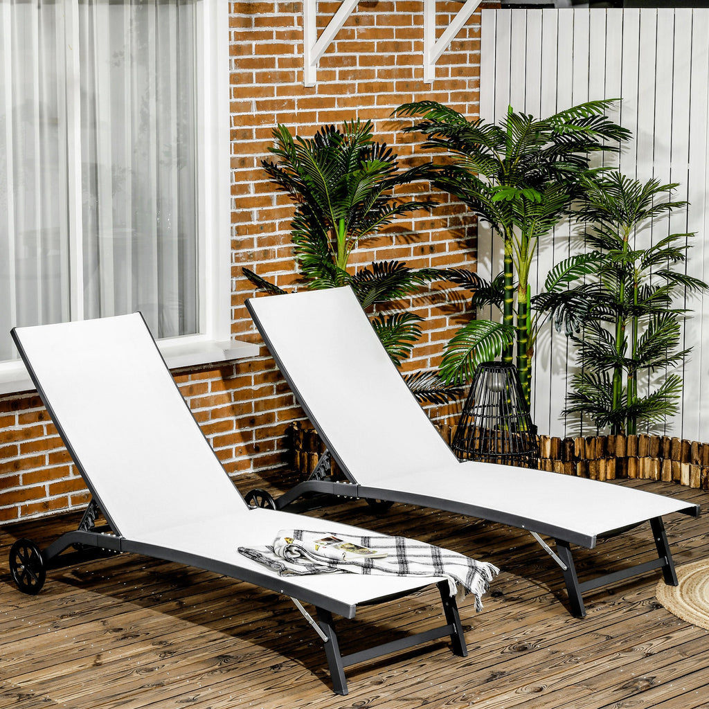Set of 2 Outdoor Lounge Chairs with Wheels and Mesh Seat, Cream White