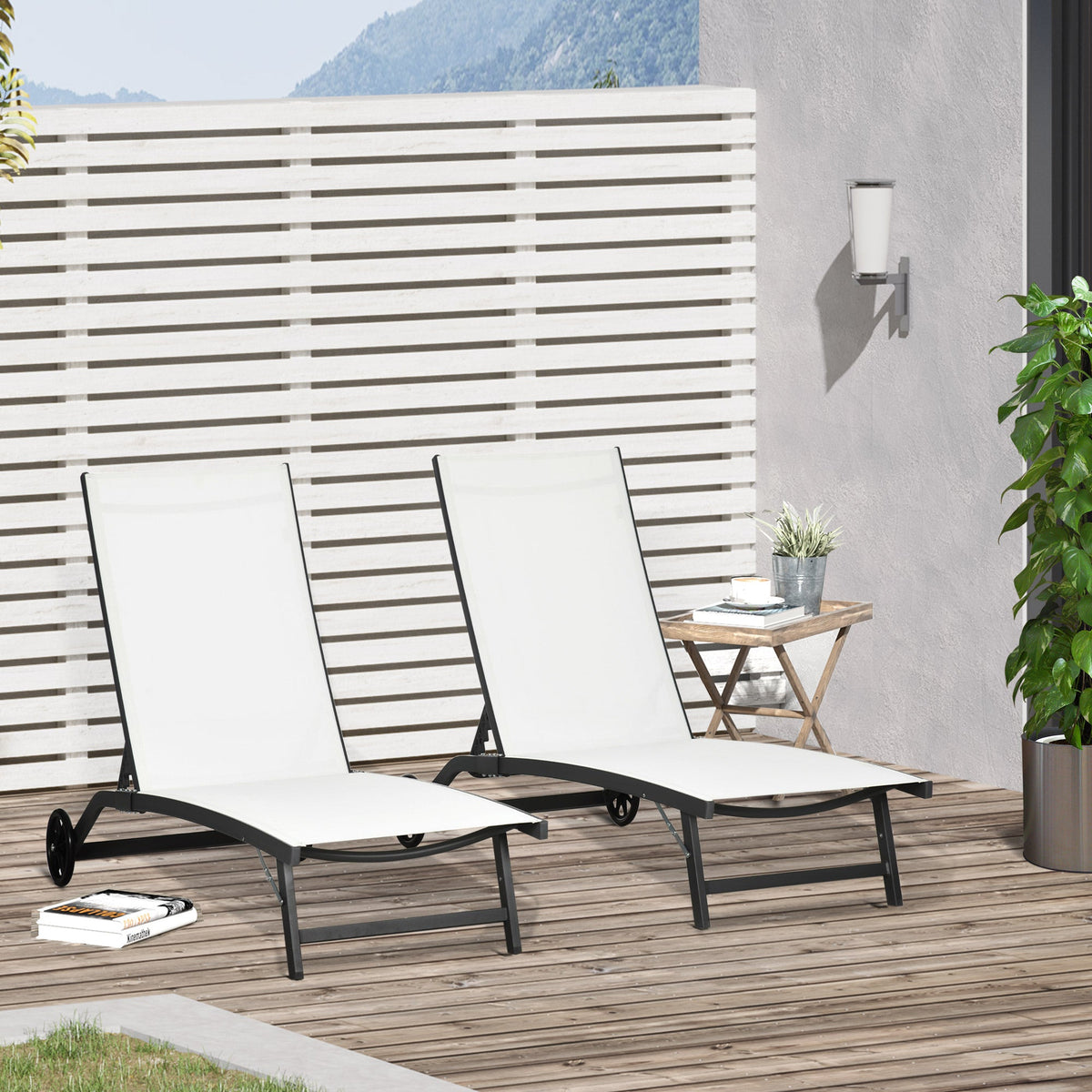Set of 2 Outdoor Lounge Chairs with Wheels and Mesh Seat, Cream White